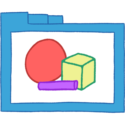 A hollow blue folder with thin lineart. It contains a pink circle, a pale green cube, and a small purple cylinder laid horizontally.